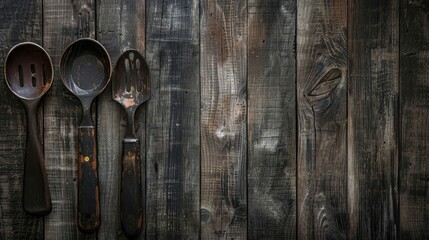 Weathered wooden background with dark utensils