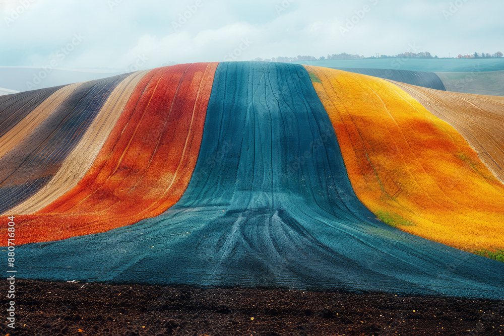 Aufkleber the vibrant colors of a patchwork of different crops seen from a helicopter, with the lines of plowe
