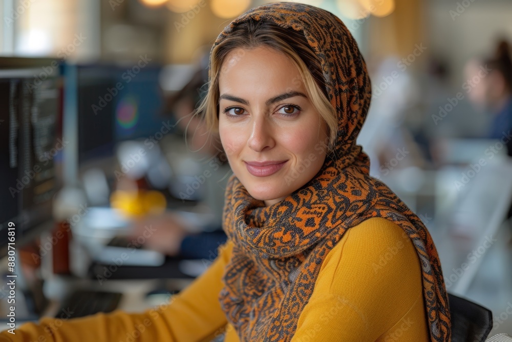 Poster muslim engineer working at a computer