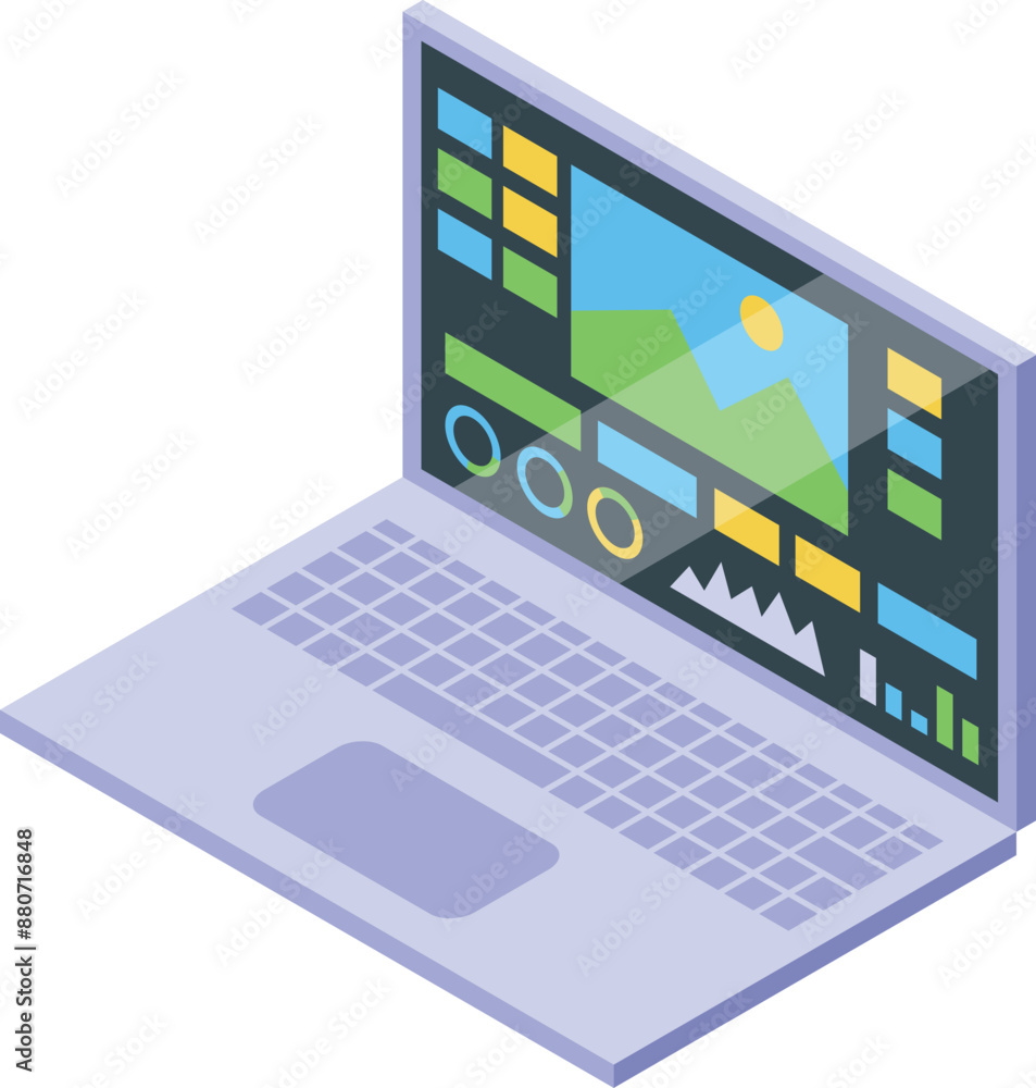 Poster laptop showing photo editing software interface with image on screen, photo editor workplace