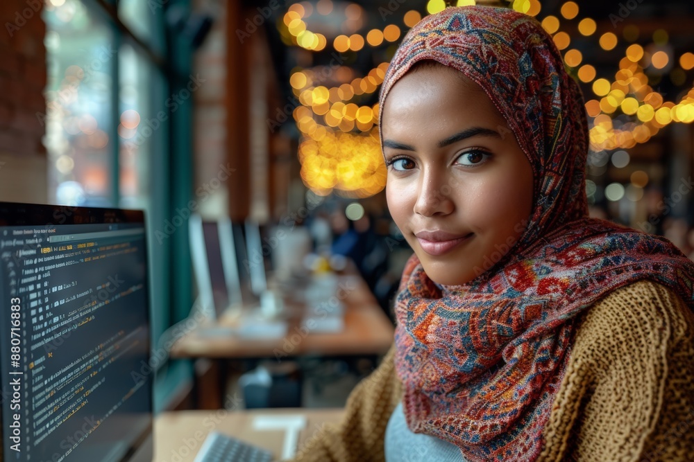 Poster muslim engineer working on a computer