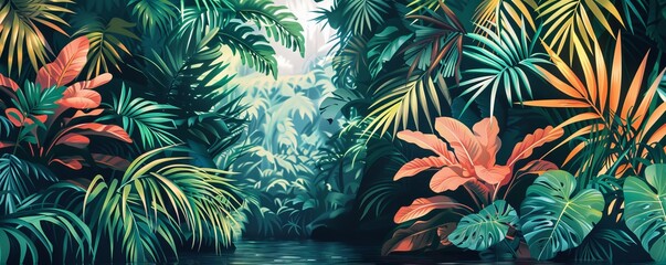 Naklejka premium jungle foliage flat design side view dense vegetation water color Complementary Color Scheme