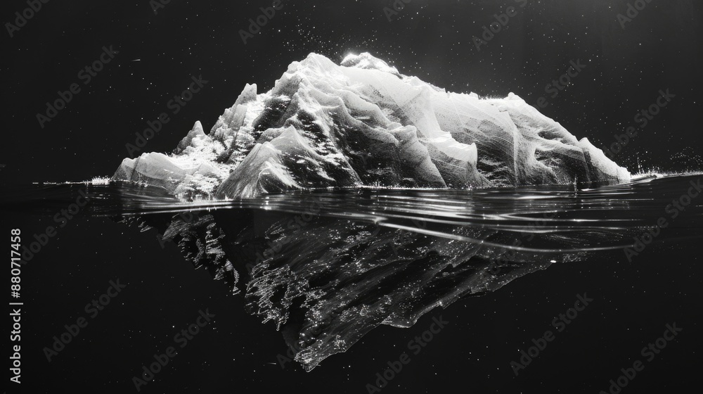Poster black and white photo of an iceberg floating on the surface of the water, with waves crashing agains