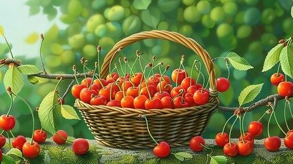   A cherry-filled basket rests on a leafy branch against a verdant backdrop