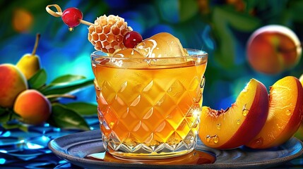   An orange juice glass with a cherry and a fruit on the side