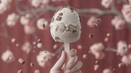   A hand holding a chocolate-covered marshmallow lollipop in front of a cherry tree with chocolate sprinkles