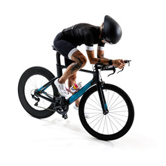 Woman, cyclist in black cycling gear and aerodynamic helmet holding modern racing bike isolated on white background. Concept of sport, competition, tournament, speed, endurance, energy.