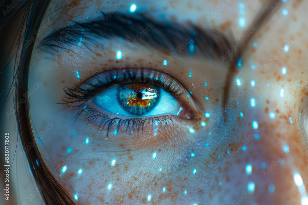 Poster a close-up of a face with scanning dots and lines, showing the precision of the technology,