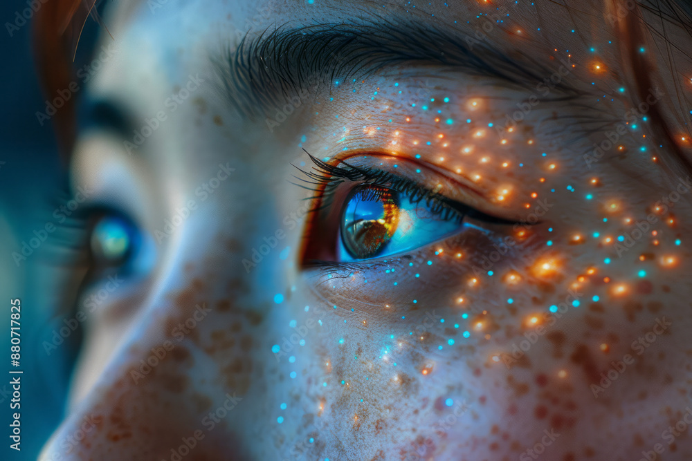 Poster a close-up of a face with scanning dots and lines, showing the precision of the technology,