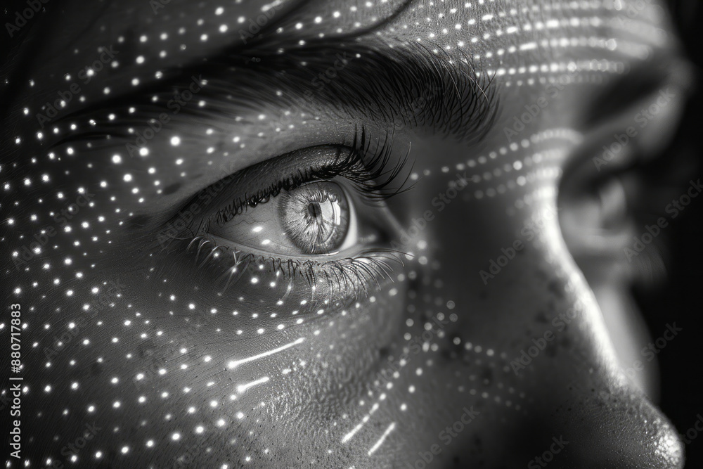 Aufkleber a close-up of a face with scanning dots and lines, showing the precision of the technology,