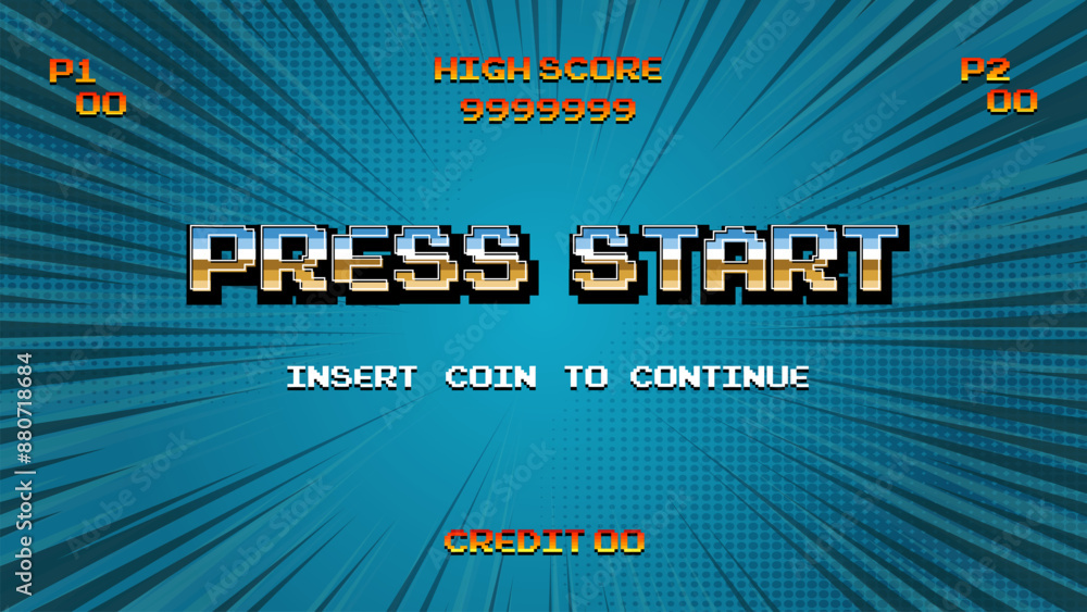 Poster press start insert a coin to continue .pixel art .8 bit game.retro game. for game assets in vector i