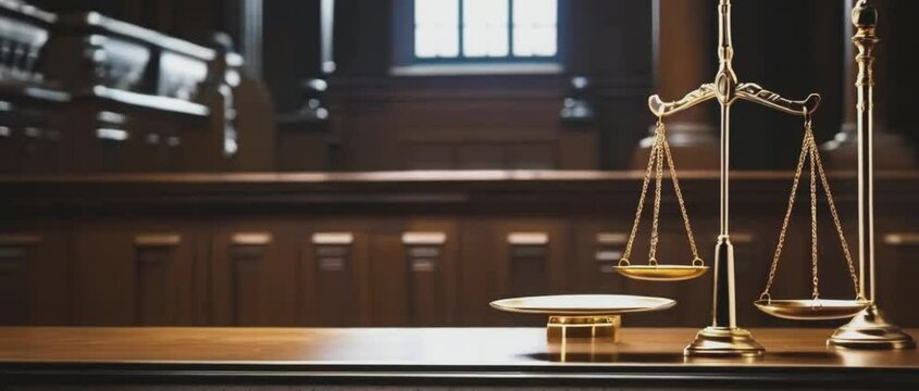 Golden scales of justice on wooden desk in law library
