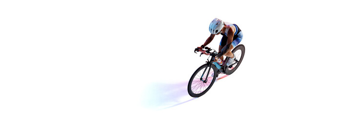 Cyclist, woman in colorful sportswear and white helmet riding road bike isolated on white background with neon light. Concept of sport, competition, tournament, endurance, energy. Isometric view