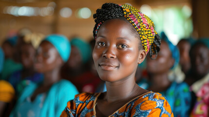 Portrait of a confident woman in vibrant traditional African dress, standing proudly among a group of people.