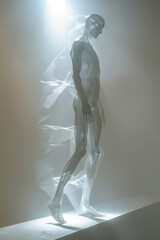 A translucent figure ascending towards a bright light, leaving an earthly form below,