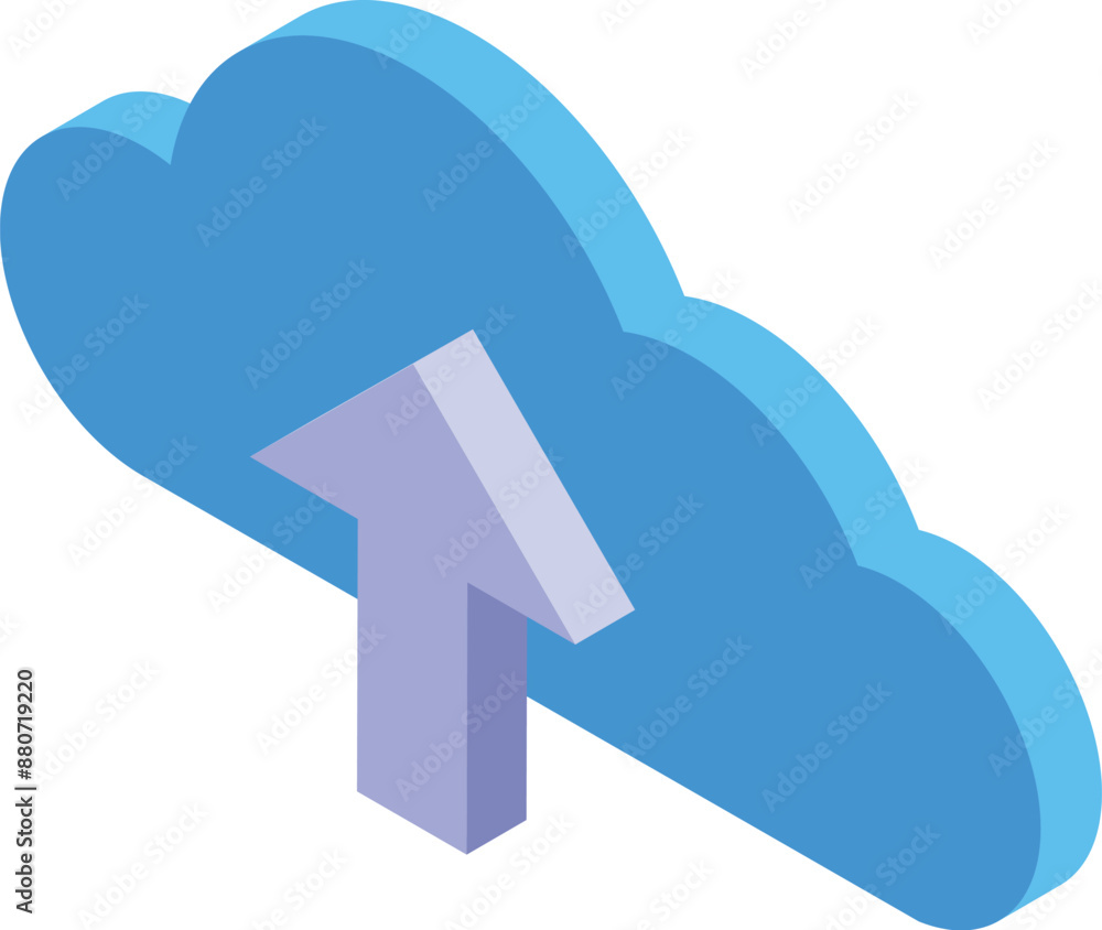 Poster isometric arrow is pointing at a cloud, representing uploading data to cloud storage
