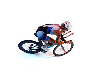 Obraz premium Female cyclist with tattoos, wearing helmet and multicolored cycling gear, riding racing bike isolated on white background with neon light. Concept of sport, competition, tournament. Isometric view