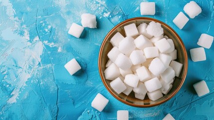 Sugar cubes in bowl on blue background