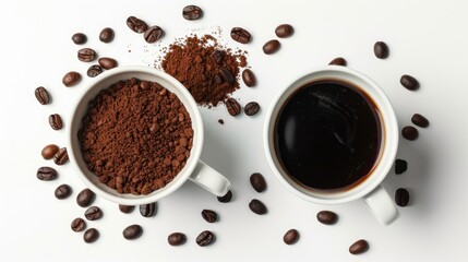 Two coffee cups with beans and ground coffee on white background top view