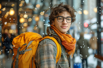 Obraz premium Young traveler with backpack in winter city