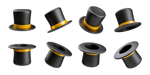 3D realistic black magician's hat set, with gold ribbon. Wizard cylinder for magicians and artists.Collection of magic equipment for surprising. Vector Halloween hat isolated on white background