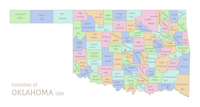 Counties of Oklahoma, administrative map of USA federal state. Highly detailed color map of Oklahoma American region with territory borders and counties names labeled vector illustration