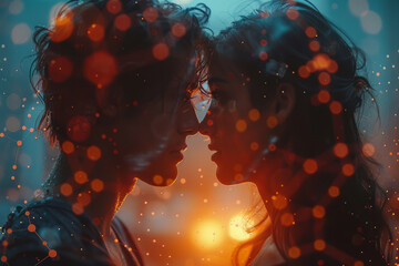 A serene scene of a couple gazing into each other's eyes, with floating molecular diagrams representing love hormones.