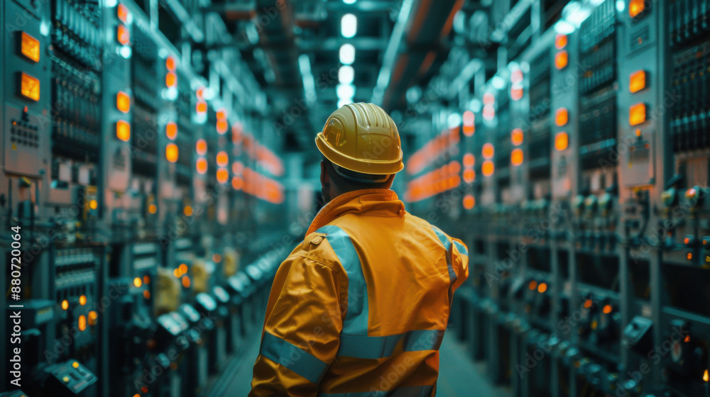Poster an engineer wearing safety gear inspects a data center filled with servers and illuminated indicator