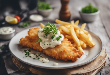 crispy fish and chips with tartar sauce, garnished with fresh herbs