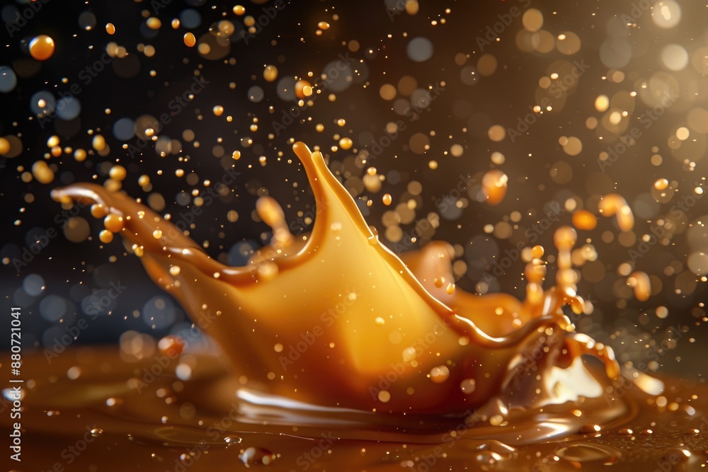 Poster A close-up image of a wooden table with a splash of liquid on its surface