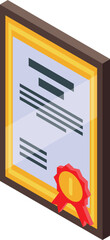 Isometric icon of a framed diploma with a red ribbon, representing academic success and the completion of studies