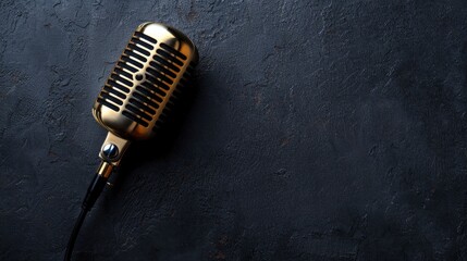 Fototapeta premium Retro microphone on black background with copy space