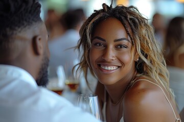 Woman smiles at man during dinner