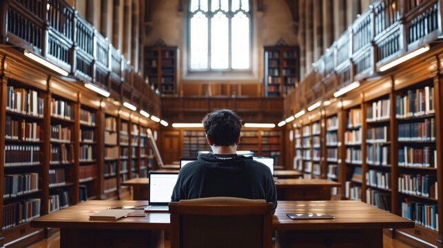 A university student studying in a library filled with books, laptops, and academic resources, highlighting the dedication to higher education