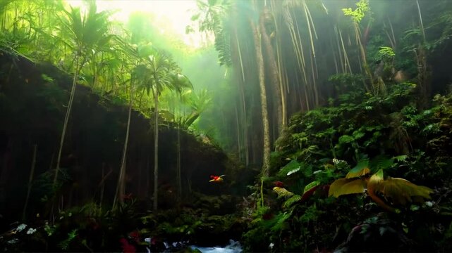 Sunlight filters through the forest canopy, illuminating the mossy forest floor