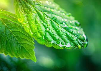 Close up of water drops on green leaf, abstract background. nature concept. banner with copy space. high detail, ultra realistic photo, Canon EOS