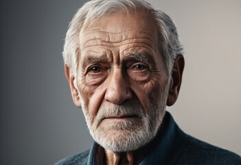 Obraz premium Portrait of a pensive elderly man on a grey background 