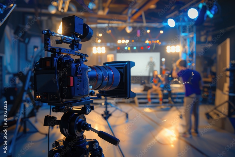 Poster a camera set up on a tripod in a recording studio