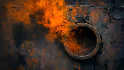 Obraz premium A close-up image of a rusted metal pipe with fiery orange flames coming out, creating an intense and dramatic industrial scene.