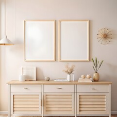Blank poster frame mockup on white tiled wall over wooden chest of drawers with home decor. Rustic interior design for a modern living room, beige shades, nautical decor, dried flowers