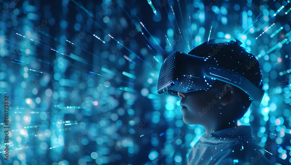 Poster child in a virtual reality headset experiencing digital immersive technology surrounded by glowing b