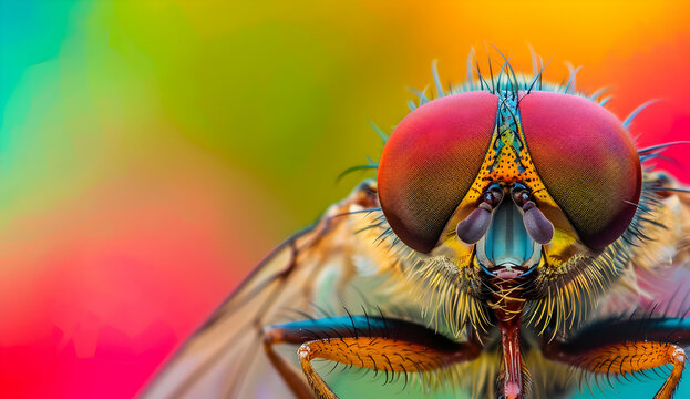 Close-up macro shot of a colorful insect with vibrant eyes and detailed features against a bright, multicolored background.