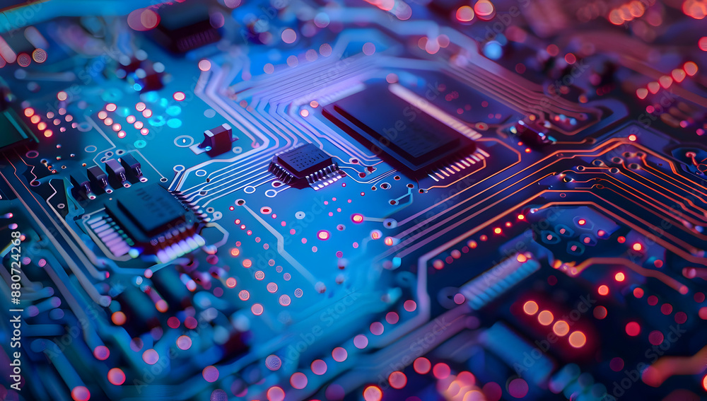 Poster close-up of a vibrant, illuminated circuit board, showcasing intricate patterns and technological co