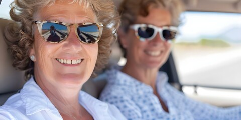 Three family members in car wearing sunglasses smiling. Concept Family, Car, Sunglasses, Smiling, Joy