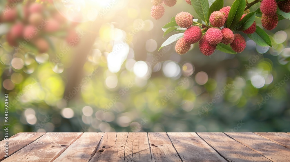 Poster wooden table with blurred lychee garden background for product display or design layout