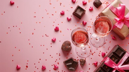 Valentine s Day card with champagne glasses chocolates and gift on pink background Top view with greeting space