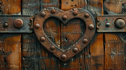 Steampunk themed retro background with heart shaped hole in wooden boards and vintage machine details Ideal for industrial design with space for text