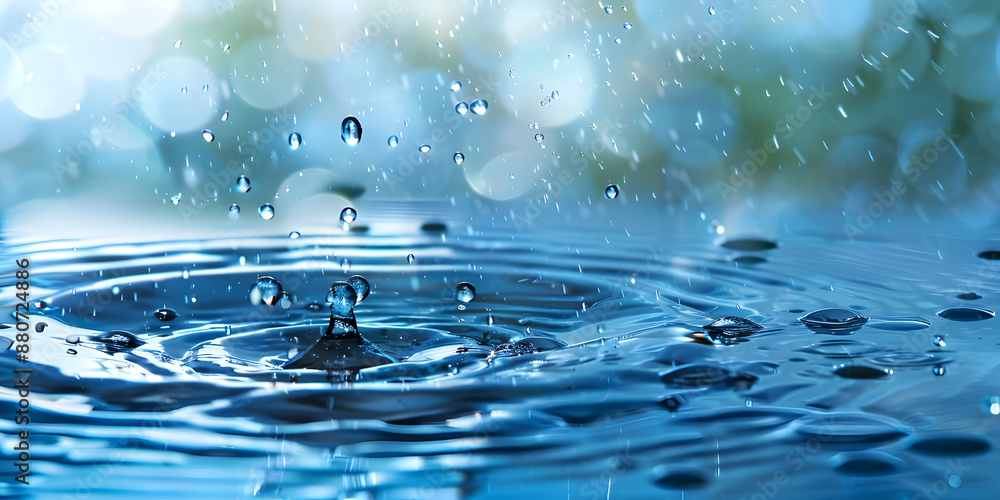 Poster close-up of water drops creating ripples in a pond, captured in a serene natural setting with bokeh 