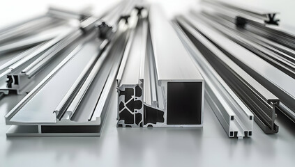 Close-up of various aluminum profiles displayed on a clean surface, showcasing different shapes and sizes with a modern industrial look.