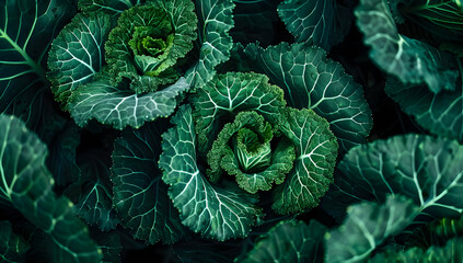 Obraz premium Close-up view of fresh green cabbages in a garden, highlighting the vibrant leaves and natural beauty of the vegetables.